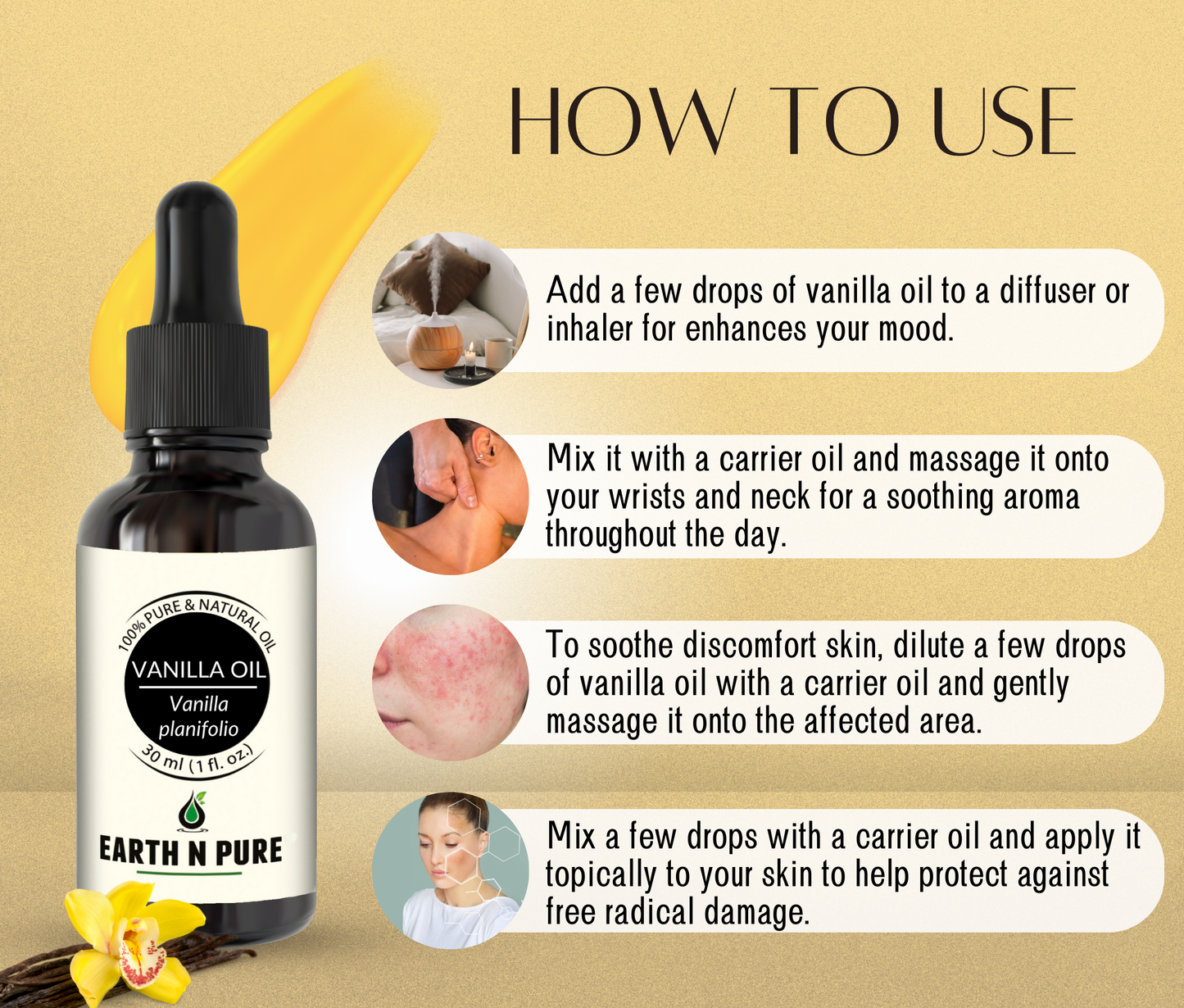 Earth N Pure Vanilla Essential Oil – Pure Aromatherapy Oil for Diffuser, Relaxation & Skin Care