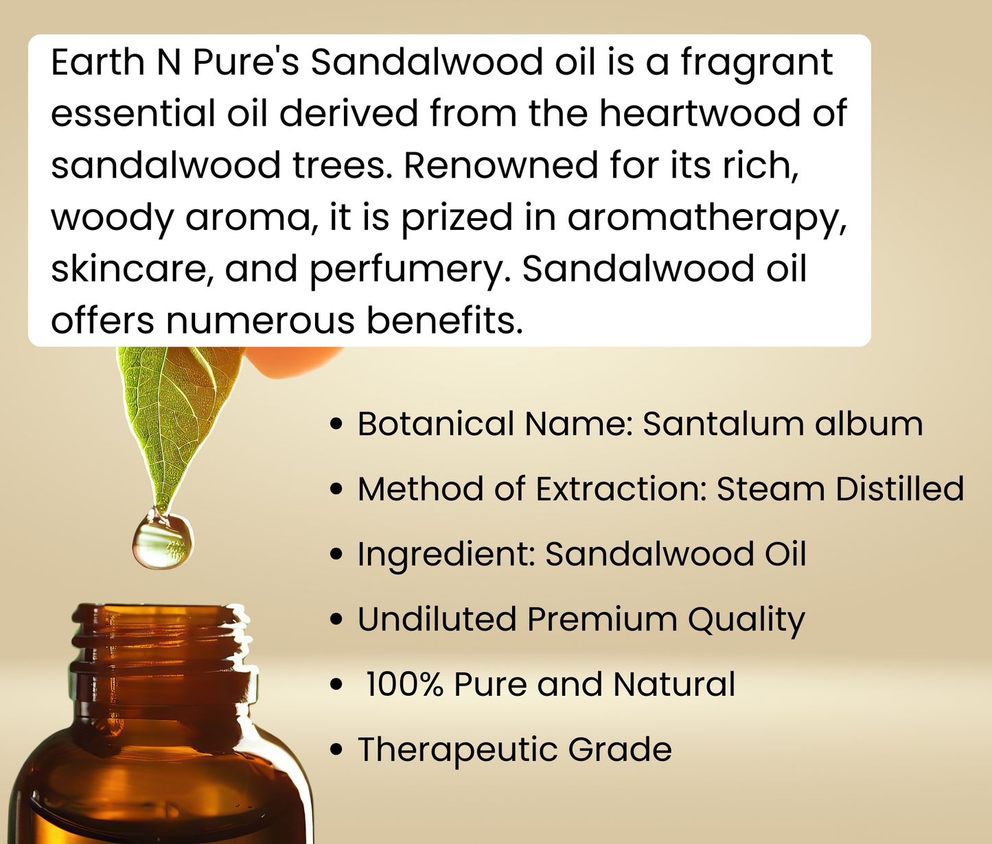 Earth N Pure Pure Sandalwood Essential Oil – 100% Natural for Skin Care, Hair Care & Aromatherapy
