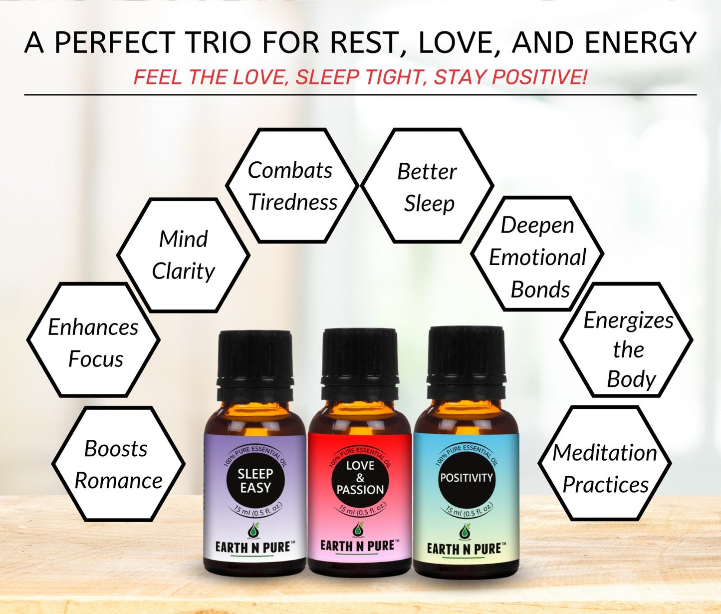 Essential Oil Blend- Pack of 3 | Love & Passion, Sleep Easy and Positivity | 15ml each