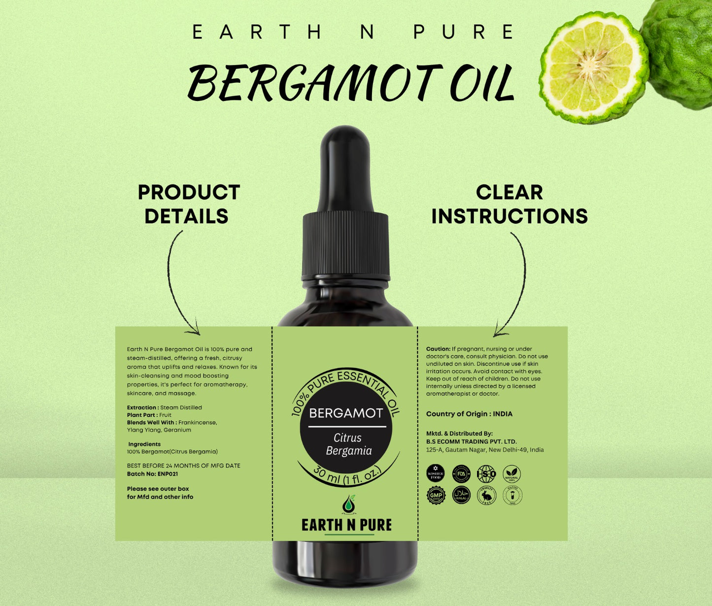 Pure bergamot essential oil for skin, hair and aromatherapy