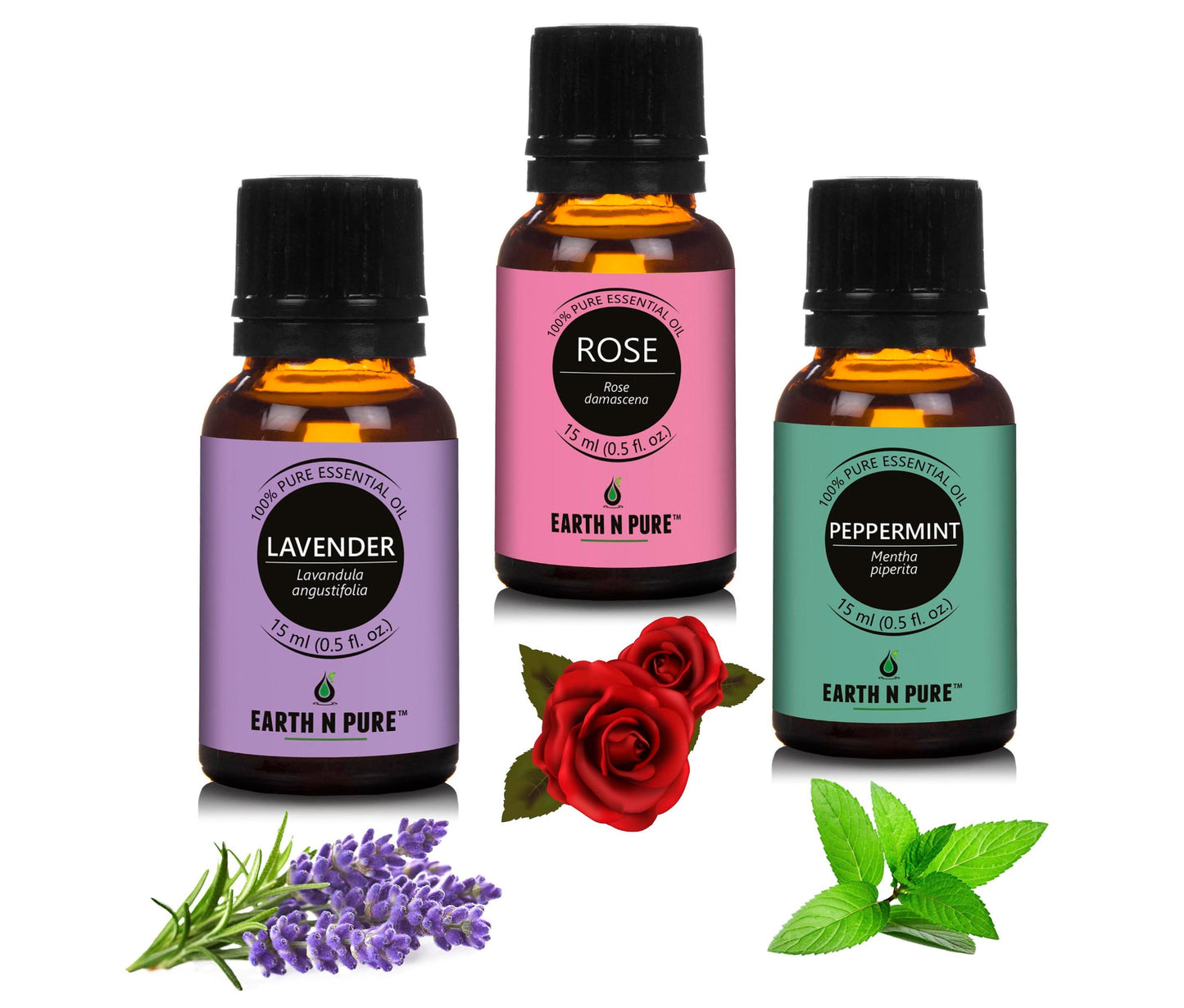 Earth N Pure Pack of 3 Lavender, Peppermint & Rose Essential Oils (15ML Each) | Pure Essential Oils for Aromatherapy, Skin & Hair Care
