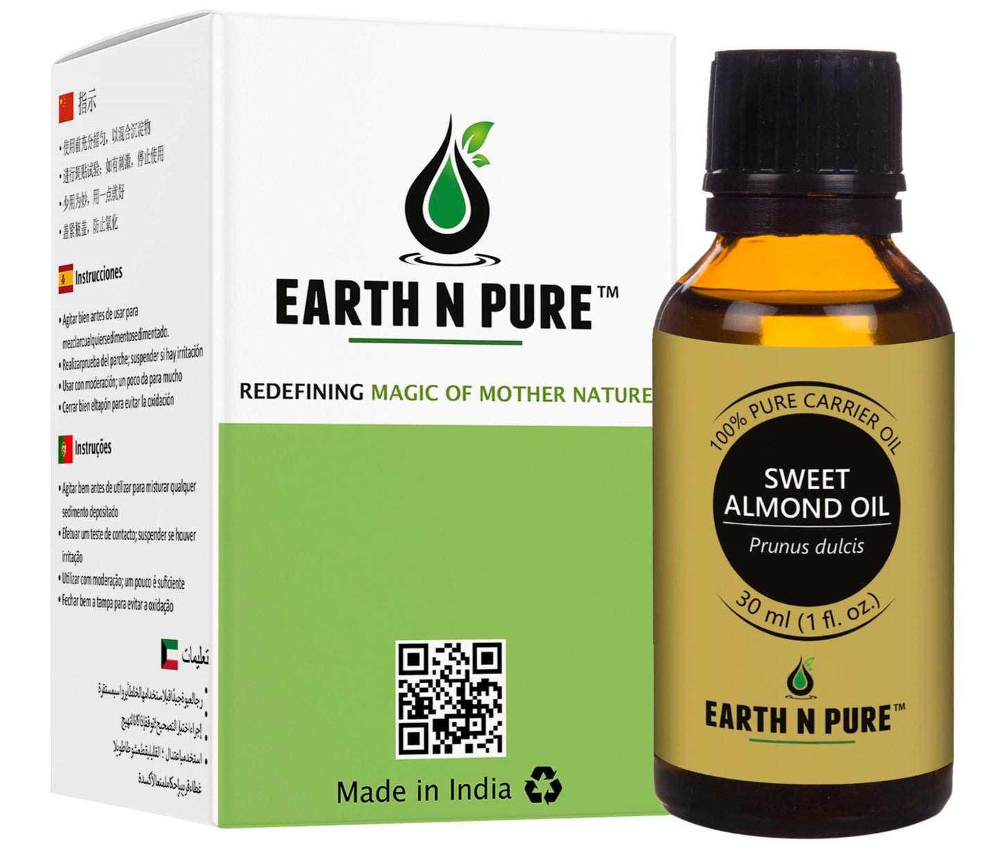 Earth N Pure Sweet Almond Oil bottle with natural ingredients background