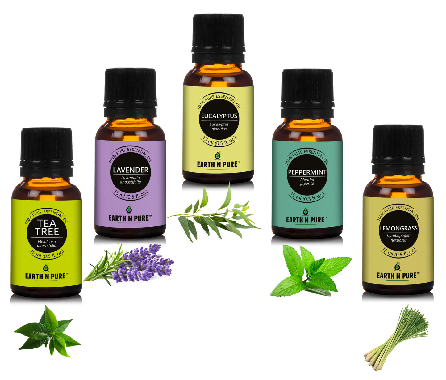 Earth N Pure Essential Oil Pack of 5 – Tea Tree, Lavender, Eucalyptus, Peppermint & Lemongrass 15ML Bottles.