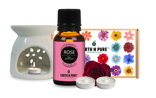 Earth N Pure Rose Oil Diffuser Set with Ceramic Aroma Diffuser & 2 Tea Light Candles for Home Aromatherapy