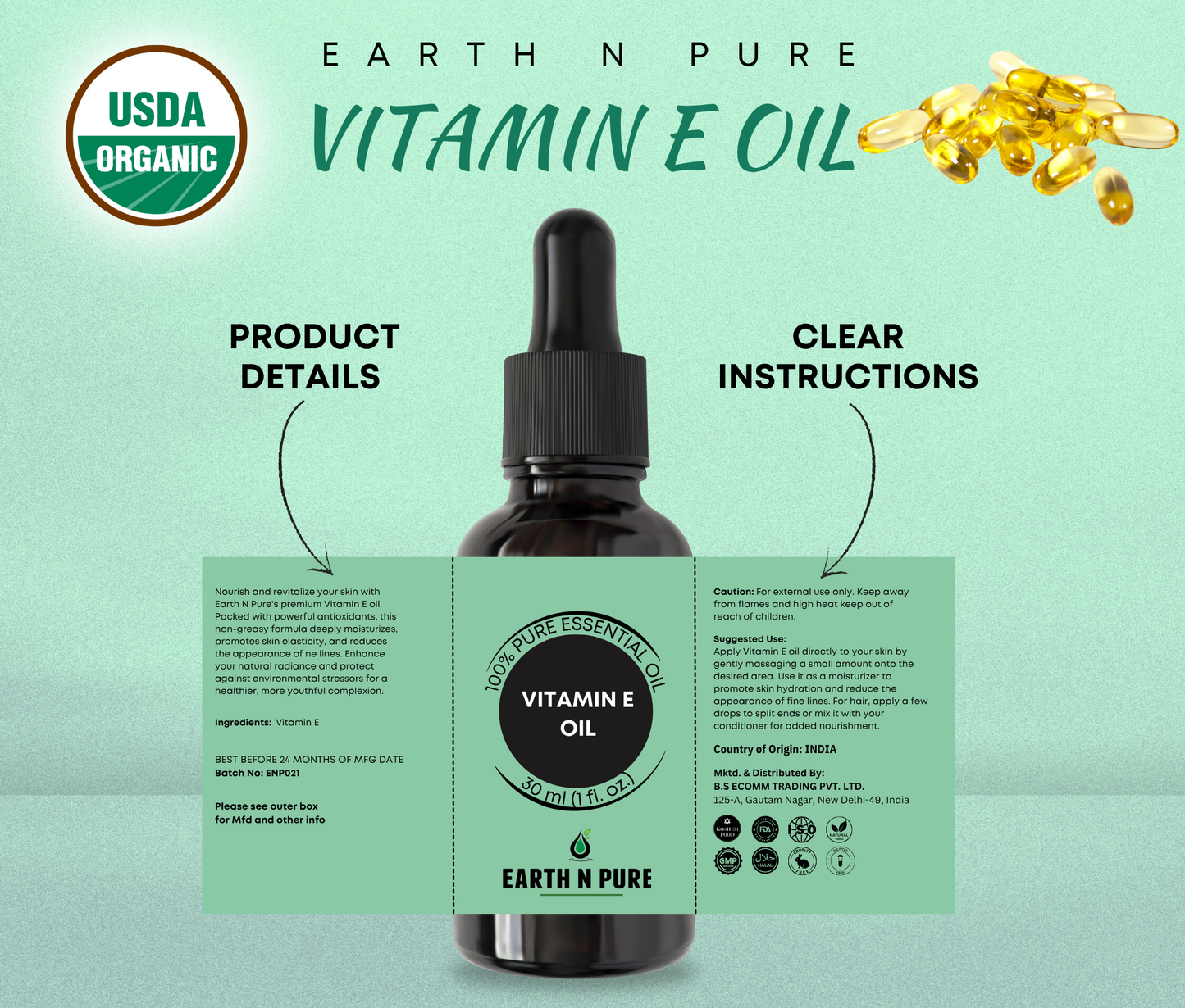 Earth N Pure Vitamin E Oil – 100% Pure & Natural Skin and Hair Care Oil