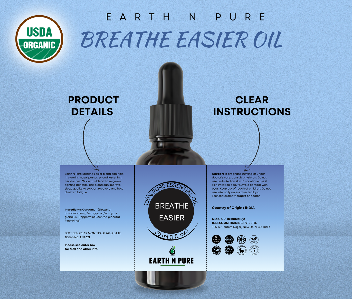 Earth N Pure Breathe Easier Essential Oil Blend – Respiratory Aromatherapy & Diffuser Oil
