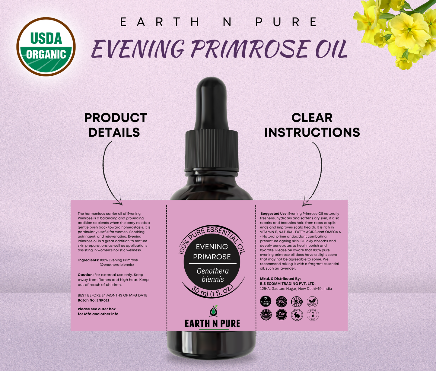 Earth N Pure Cold Pressed Evening Primrose Oil – Pure Oil for Skin, Hair & Face