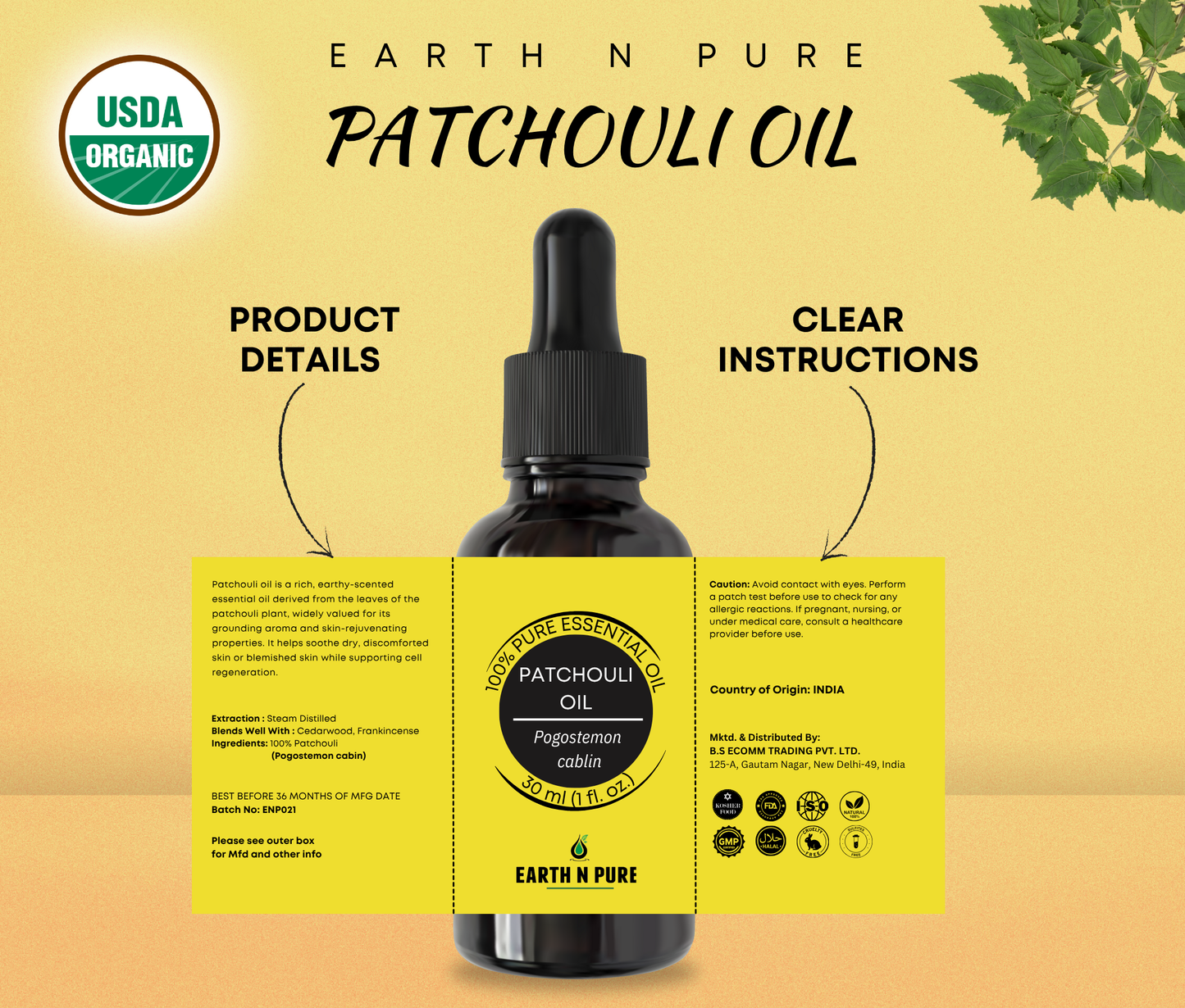 Earth N Pure Patchouli Essential Oil – 100% Pure & Natural Patchouli Oil for Aromatherapy, Diffusers & Skincare