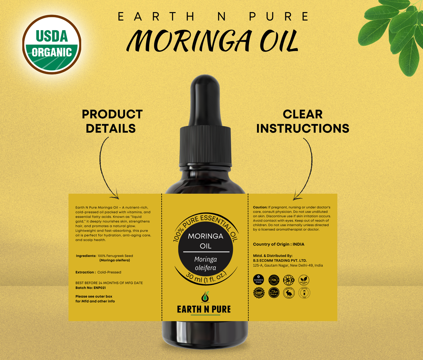 Earth n Pure Moringa Oil for Healthy Skin & Hair