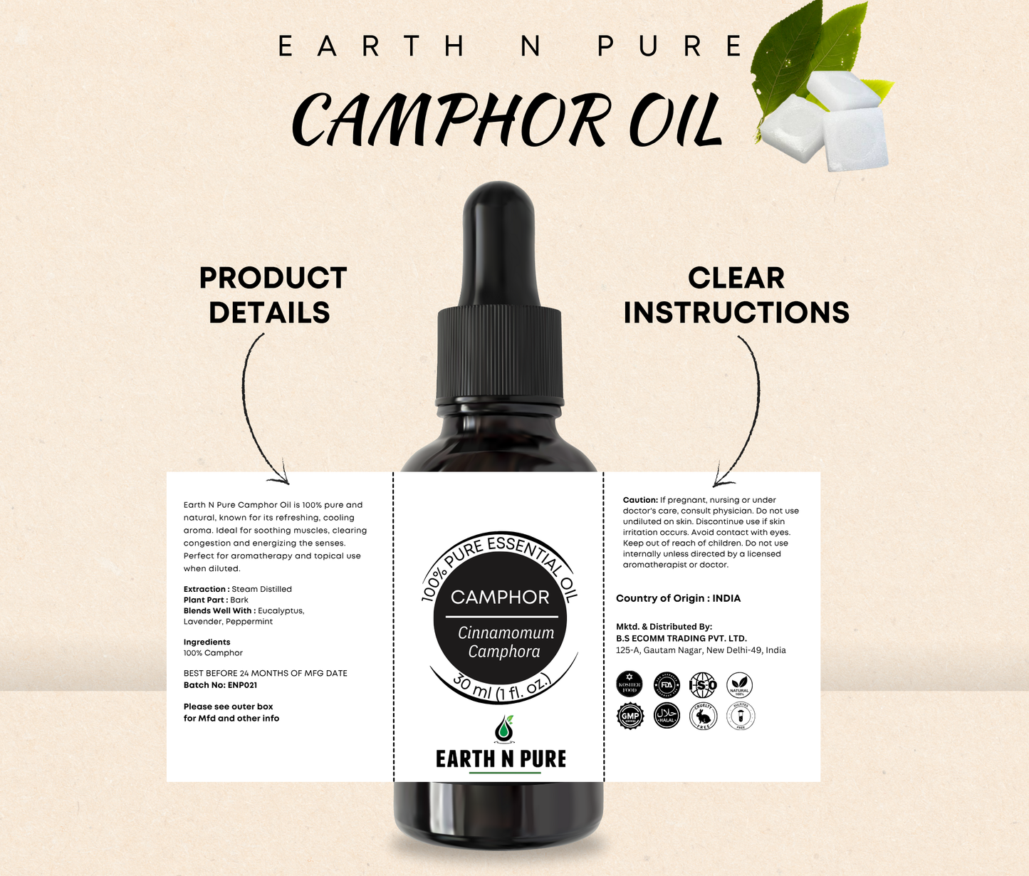 Earth N Pure Camphor Oil for Aromatherapy and Massage – Refreshing & Cooling Essential Oil