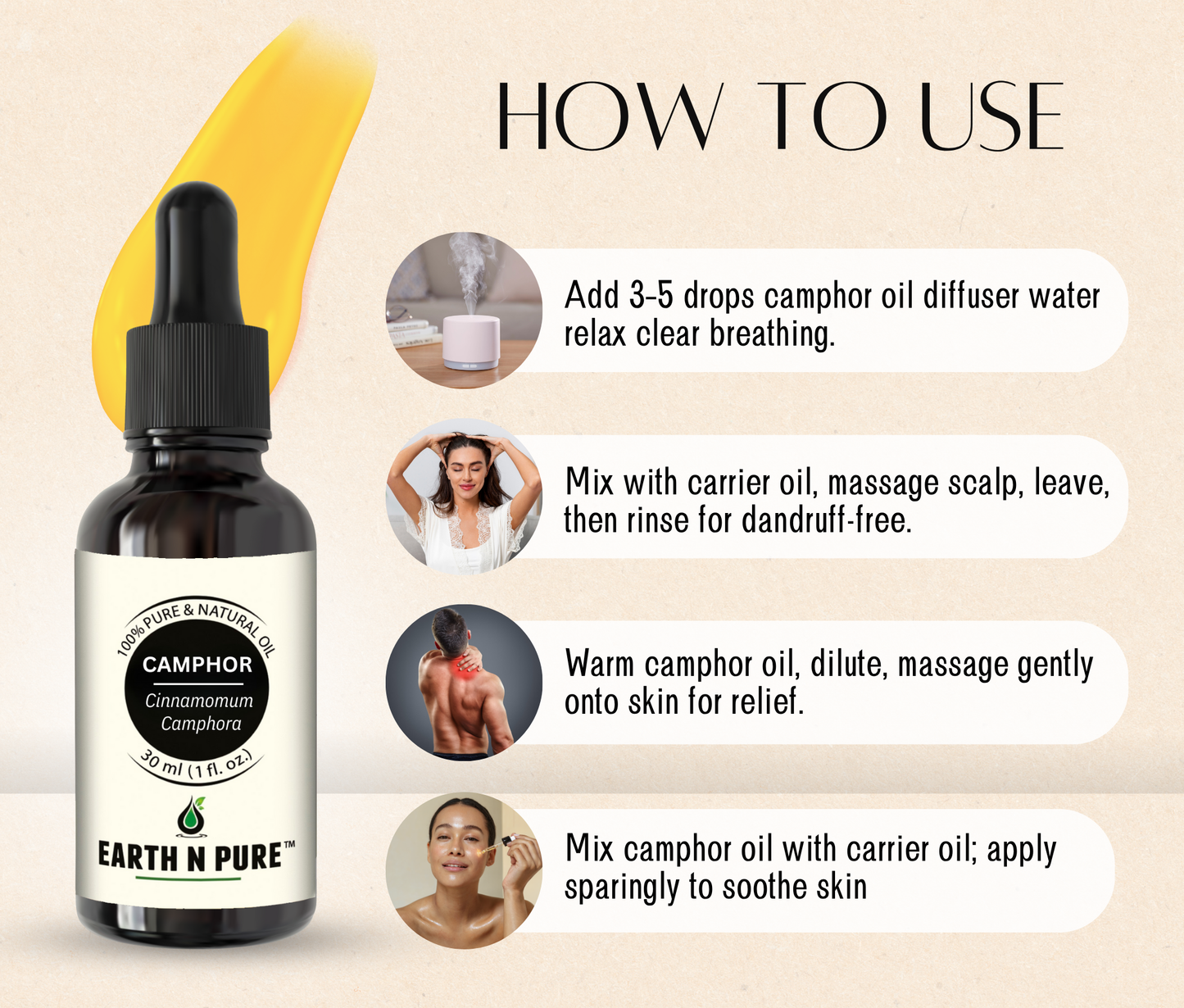 Earth N Pure Camphor Oil for Aromatherapy and Massage – Refreshing & Cooling Essential Oil