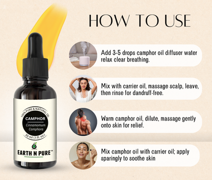 Earth N Pure Camphor Oil for Aromatherapy and Massage – Refreshing & Cooling Essential Oil