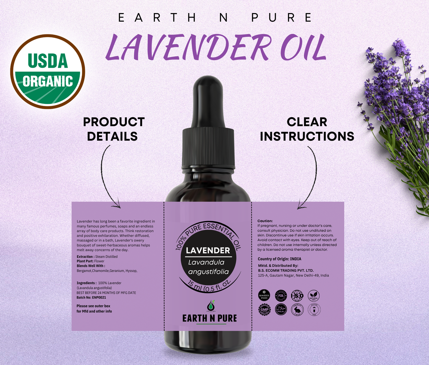 Earth N Pure Lavender Oil – Pure Essential Oil for Relaxation, Skincare & Aromatherapy