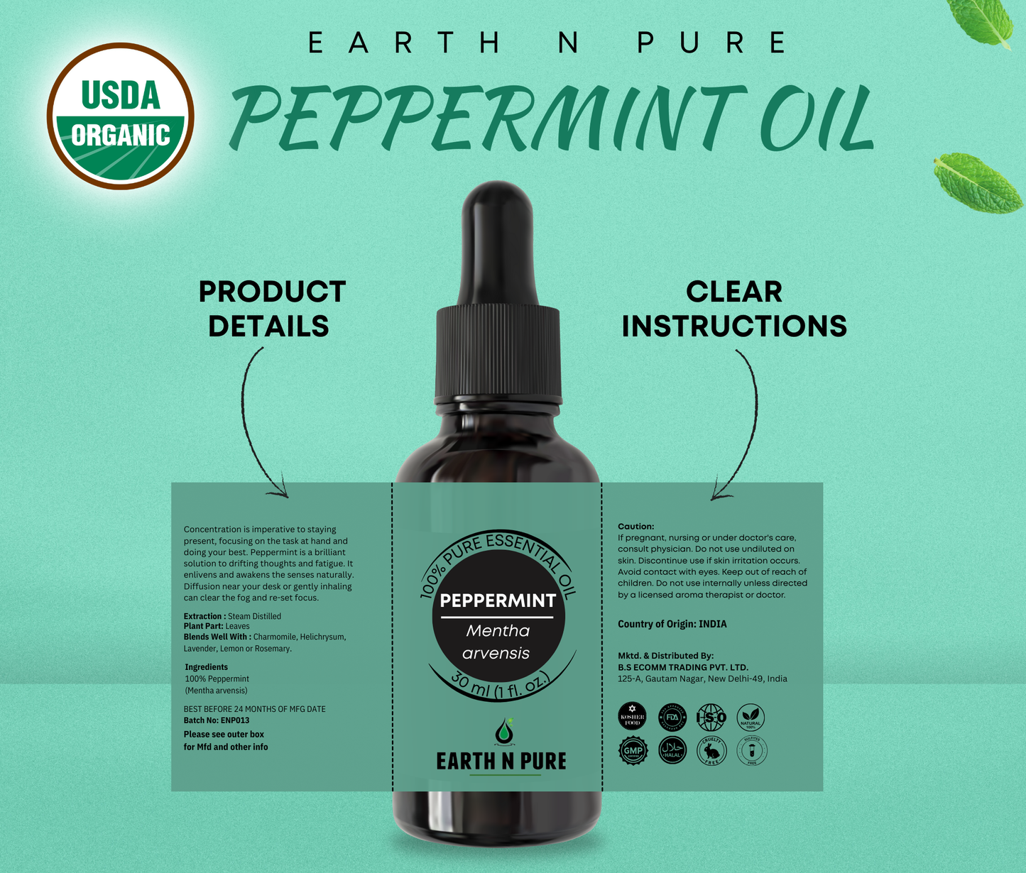 Earth N Pure Peppermint Oil | 100% Pure Essential Oil for Skin, Hair & Aromatherapy