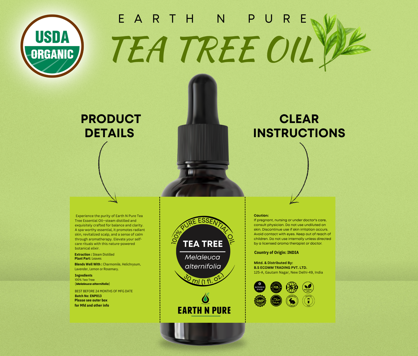 Earth N Pure Tea Tree Essential Oil – 100% Pure & Natural for Skin, Hair & Acne Care