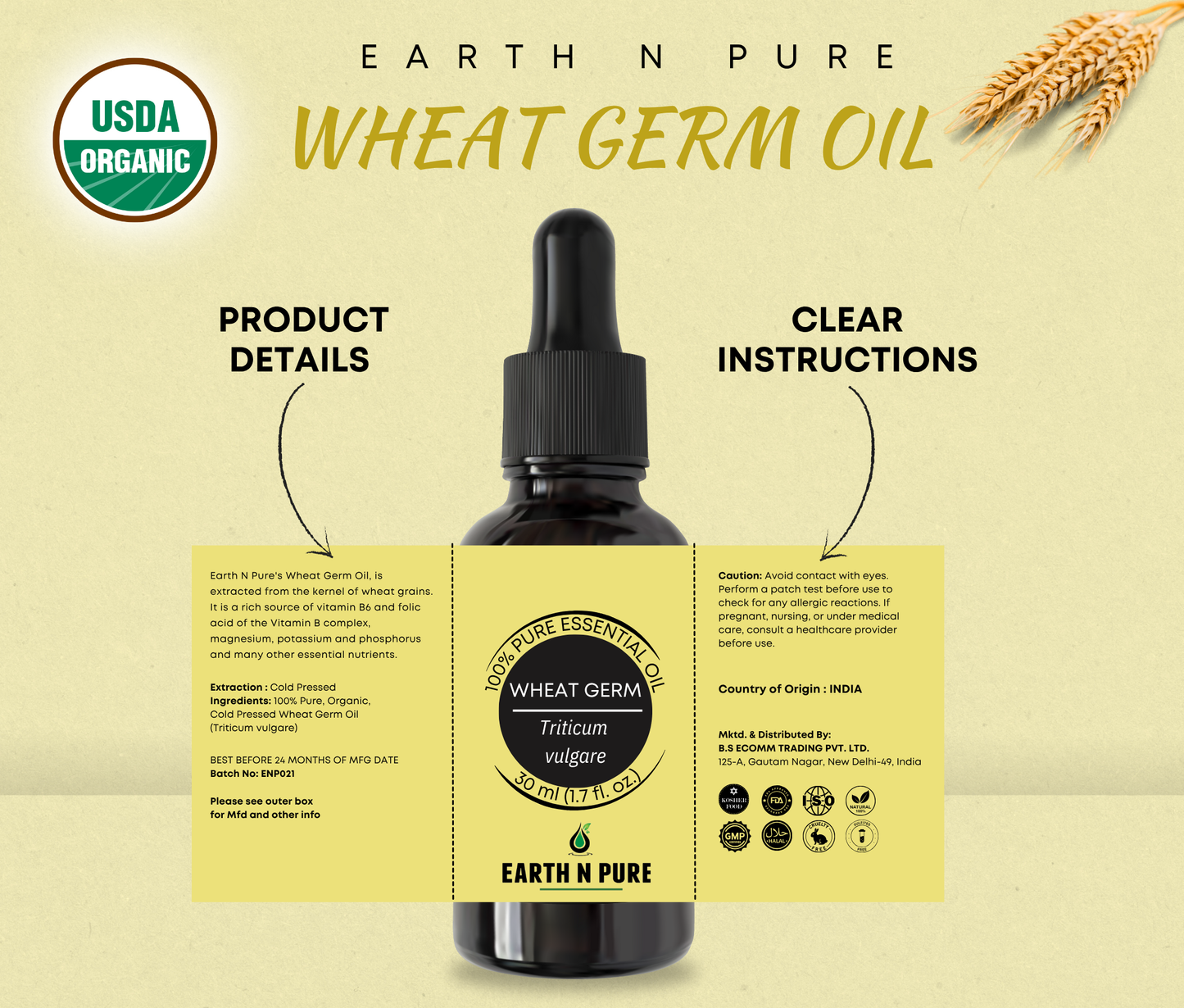 Earth N Pure Wheat Germ Oil – Cold Pressed, 100% Pure & Natural Skin and Hair Oil
