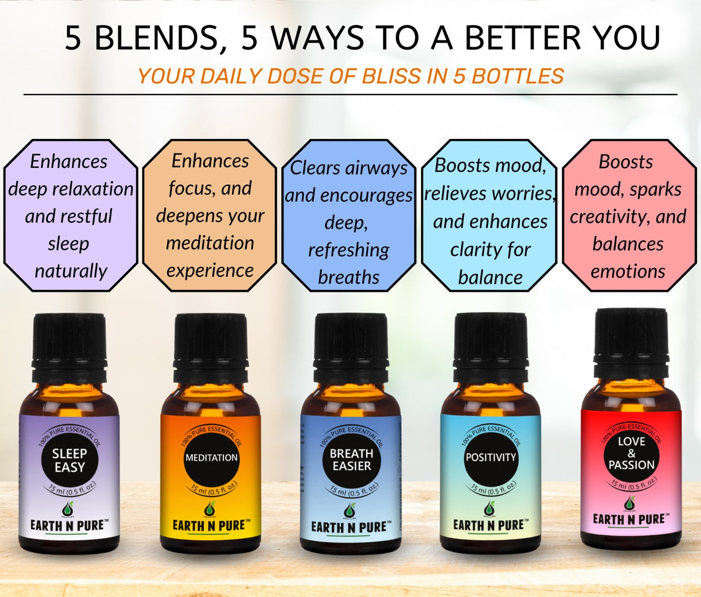 Essential Oil Blend- Pack of 5 | for Love & Passion, Sleep Easy, Positivity, Breath Easier and Meditation | 15ml each