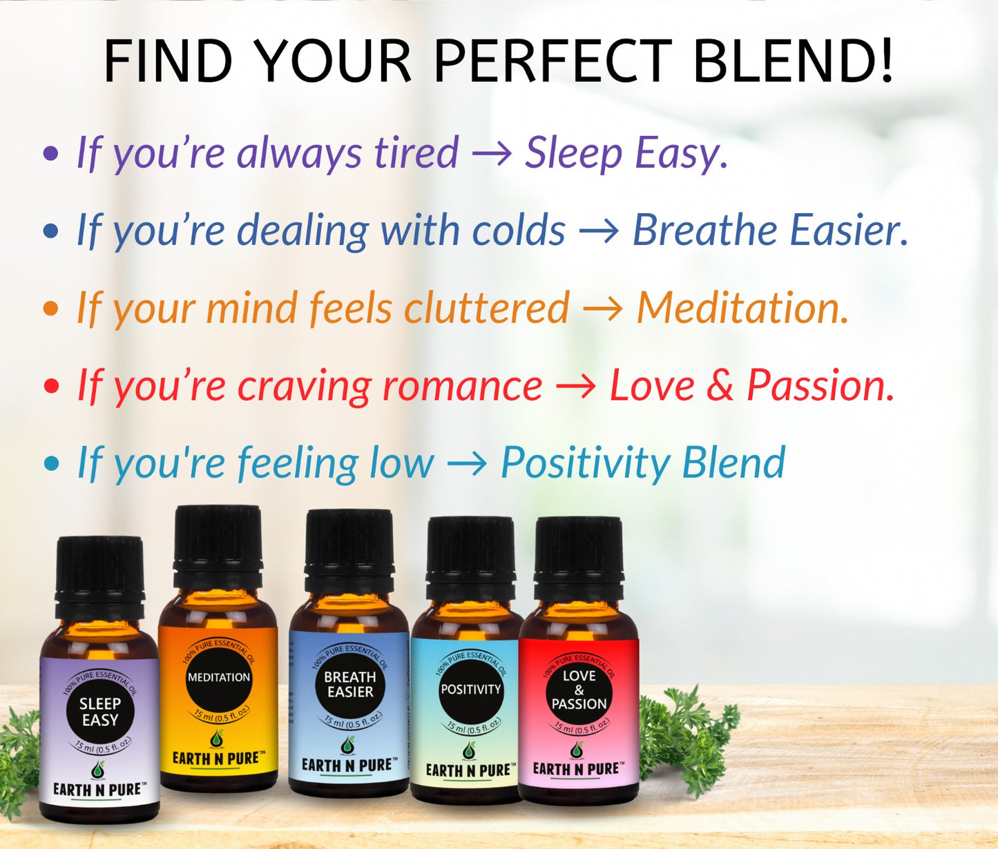 Essential Oil Blend- Pack of 5 | for Love & Passion, Sleep Easy, Positivity, Breath Easier and Meditation | 15ml each