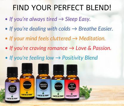 Essential Oil Blend- Pack of 5 | for Love & Passion, Sleep Easy, Positivity, Breath Easier and Meditation | 15ml each
