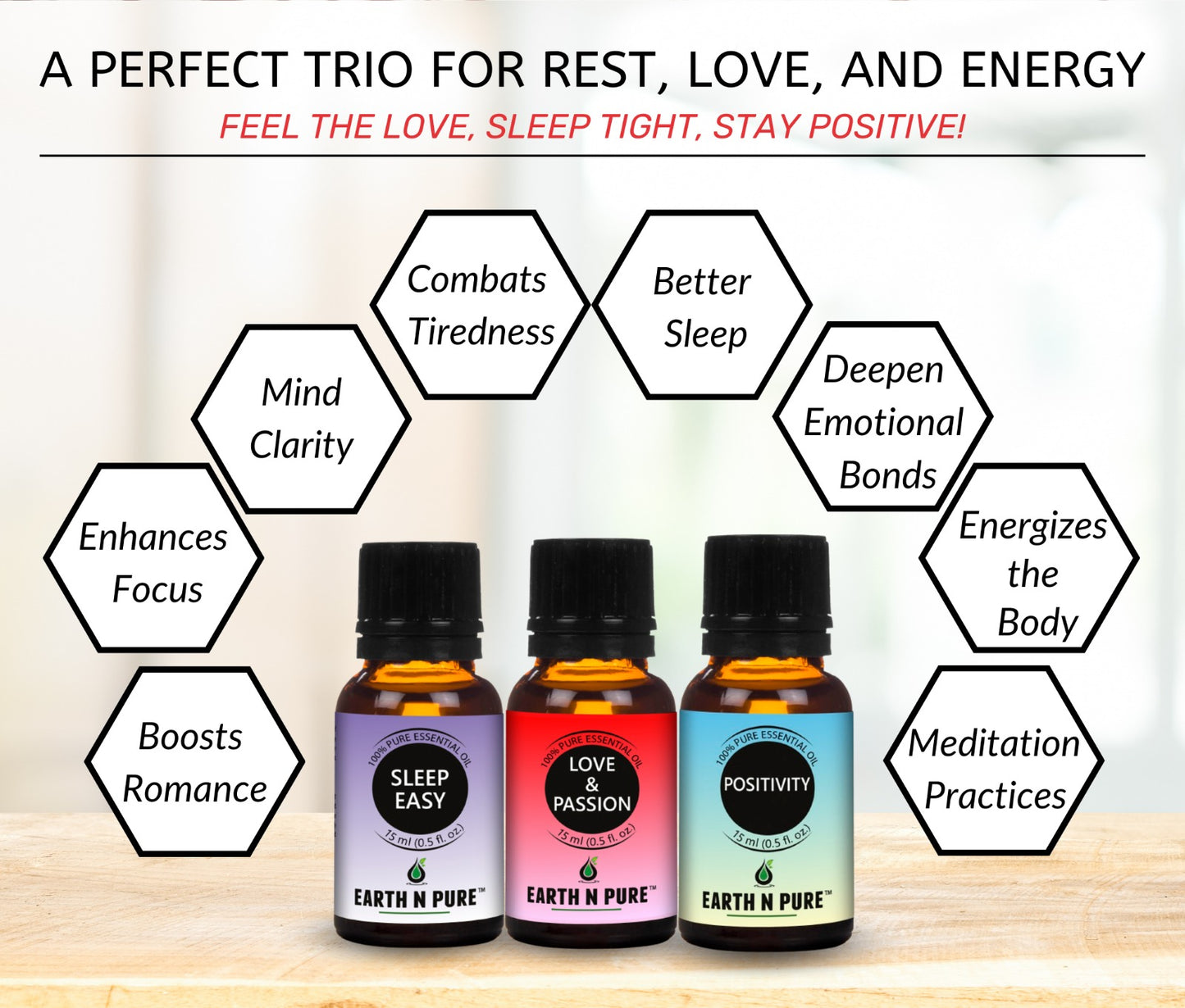 Essential Oil Blend- Pack of 3 | Love & Passion, Sleep Easy and Positivity | 15ml each