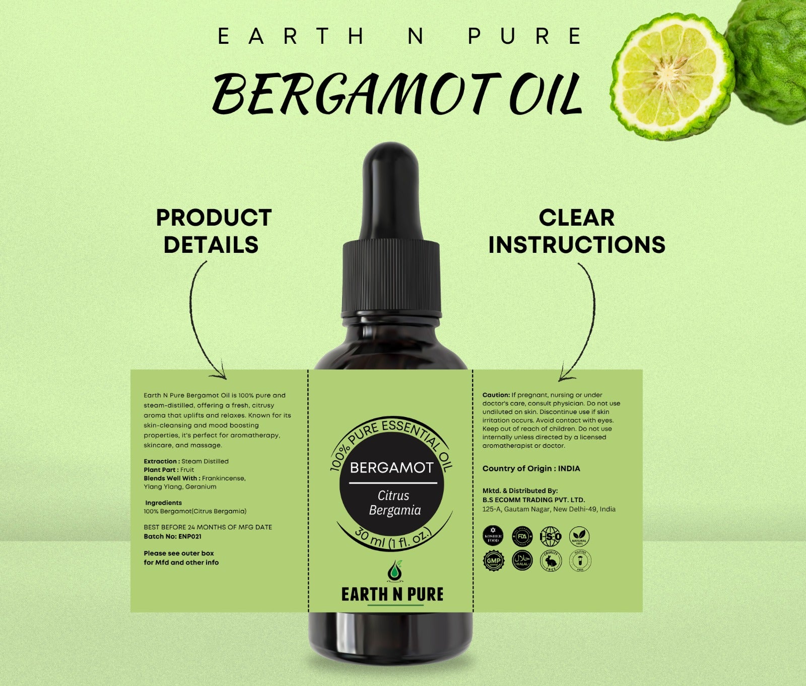Pure bergamot essential oil for skin, hair and aromatherapy