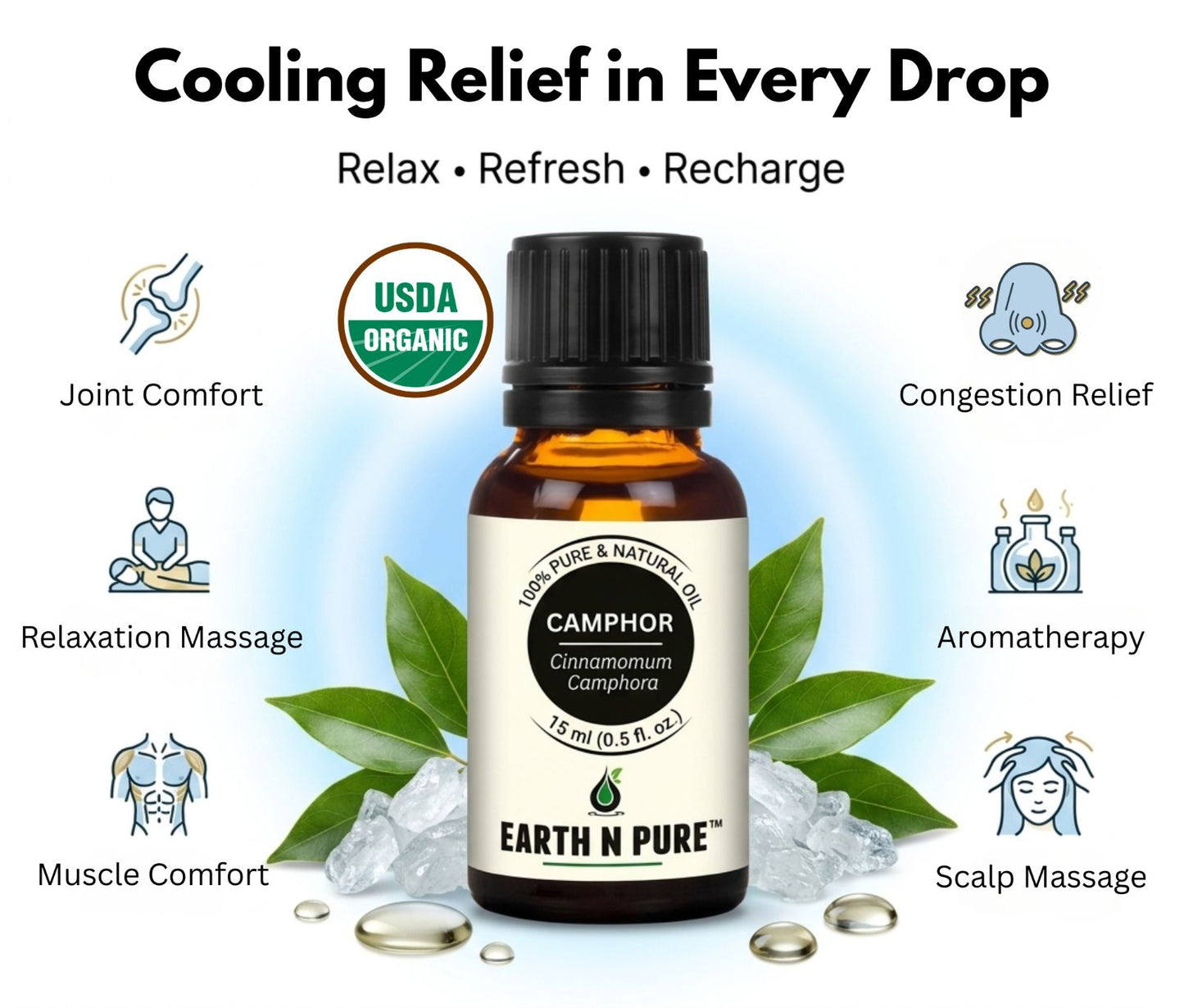 Earth N Pure Camphor Oil for Aromatherapy and Massage – Refreshing and Cooling Essential Oil