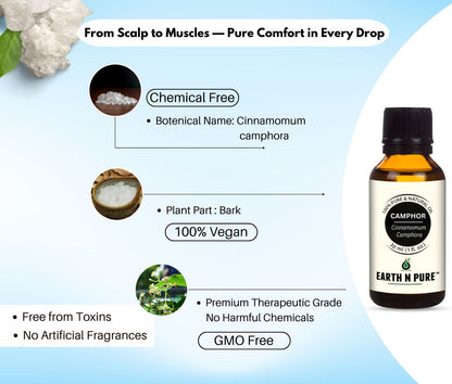Earth N Pure Camphor Oil for Aromatherapy and Massage – Refreshing and Cooling Essential Oil