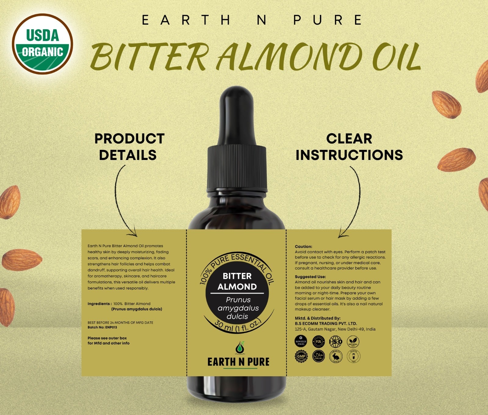 Pure natural bitter almond essential oil with raw almonds