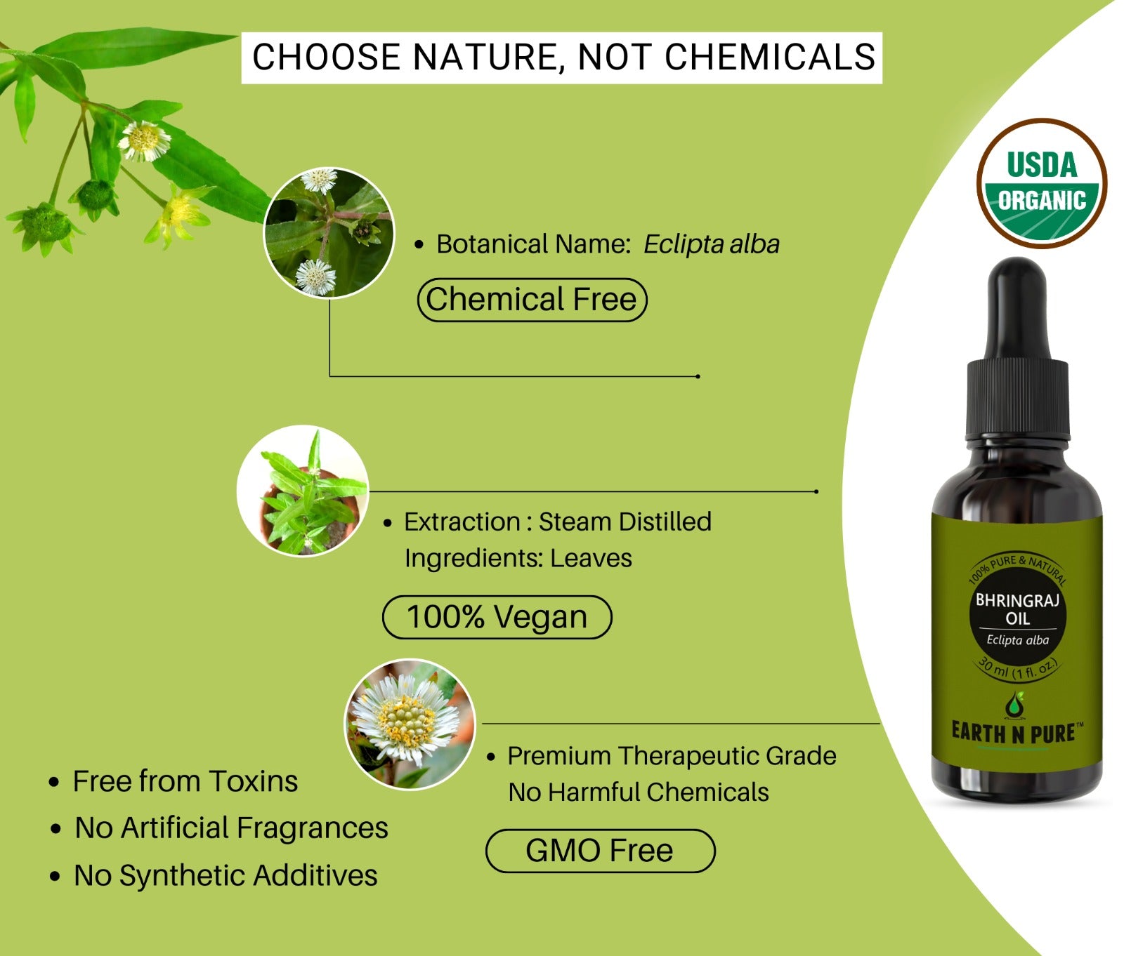  Earth n Pure Bhringraj Oil ingredients highlighting pure herbal extract

