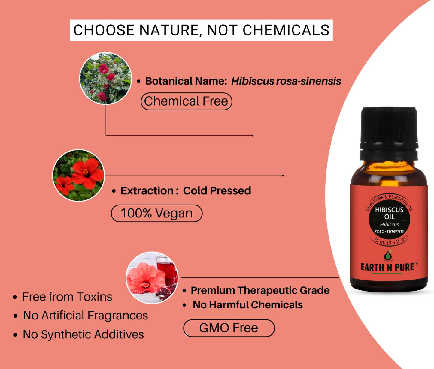 Hibiscus Oil with fresh hibiscus  flowers highlighting natural ingredients