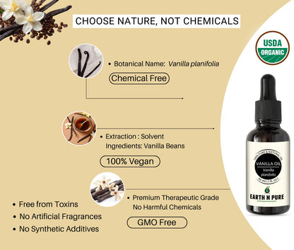 vanilla oil with vanilla beans highlighting natural ingredient